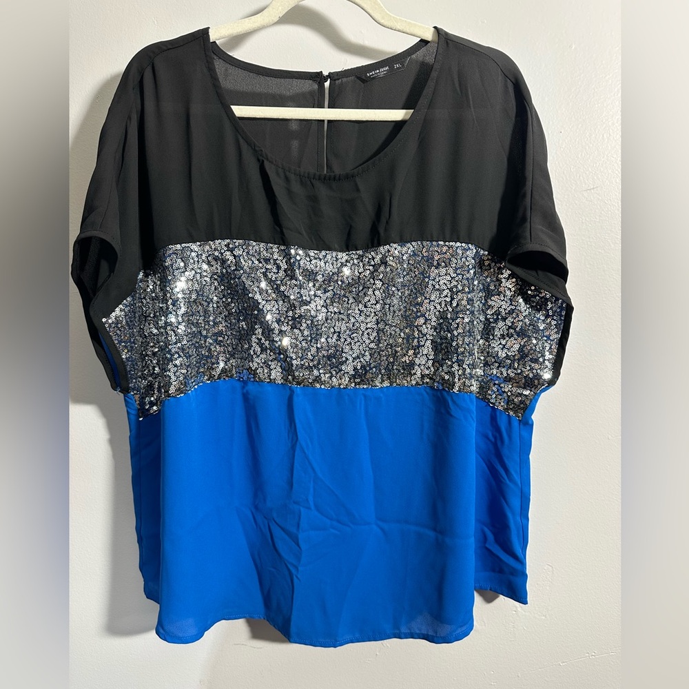 Shein Curve Women's 2X Colorblock Blue Black Sequin Cap Sleeve Blouse | SKU 0986